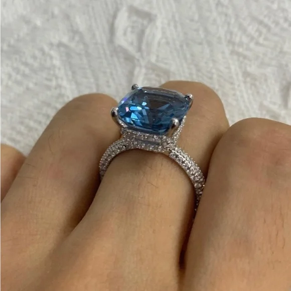 Italo Blue Topaz Ring Hidden Halo Cushion Cut Engagement Ring - Picture 8 of 11